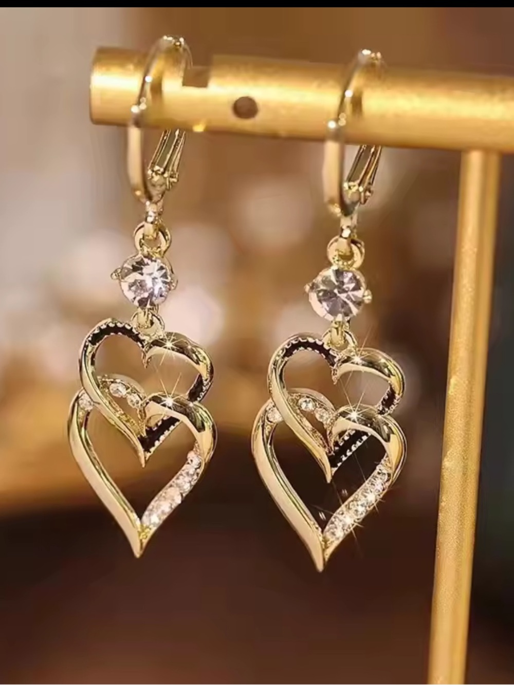Anthropologie Gold Double Heart Drop Earrings with Sparkling Stone